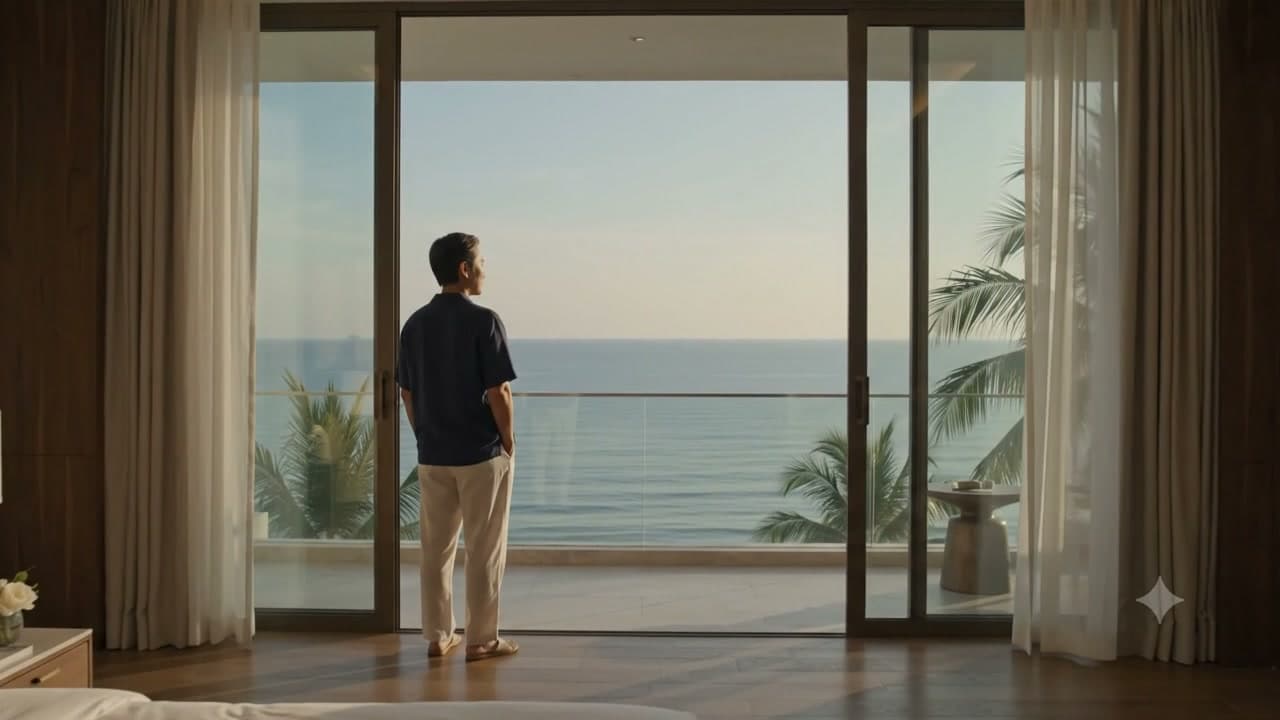 호텔 창밖의 다낭 풍경을 바라보는 여행객